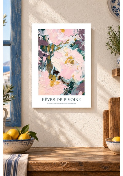 Pembe Soyut Çiçekler Desenli Dekoratif Mdf Tablo, Çerçeve Görünümlü Ahşap Poster