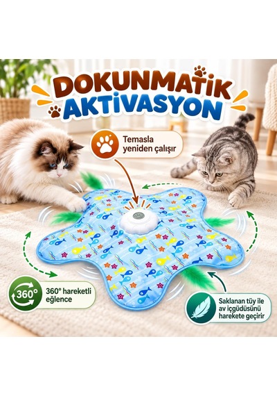 İnteraktif Kedi Oyuncağı - Otomatik Hareketli Tüy, Saklambaç Oyun Matı - 3 Modlu, Dokunmatik Aktivasyonlu, Usb Şarjlı Elektronik Evcil Hayvan Eğlence Oyunu