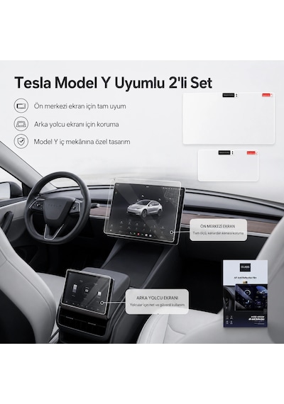 PELL Lopard Tesla Model Y Juniper Ekran Koruyucu Sert Cam Seti, 9H 2in1 Ön ve Arka Multimedya Camı