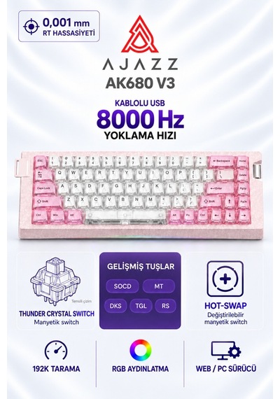 Ajazz Ak680 V3 8000 Hz Manyetik Rgb Oyuncu Klavyesi Beyaz Pembe Thunder Crystal
