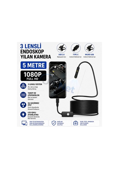 Tr 5 Metre 3 Kameralı Endoskop Yılan Kamera 1080p Full Hd Android Ve Pc