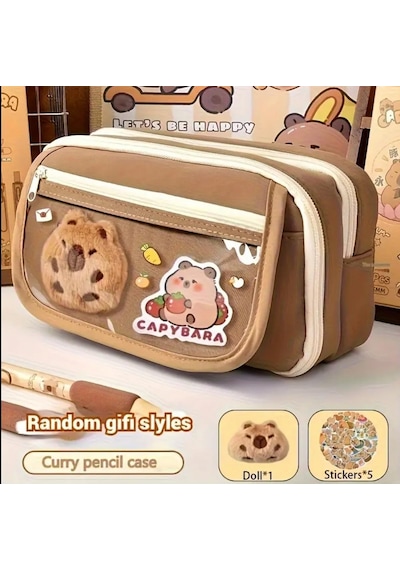 Capybara Kalem Kutusu Kapibara Kalemlik Büyük Kapasiteli Aksesuarlı Geniş Büyük Boy Kawaii Kore Tarzı Sevimli Kalem Kutusu 1 Adet Doll+5 Adet Sticker Dahildir Diğer