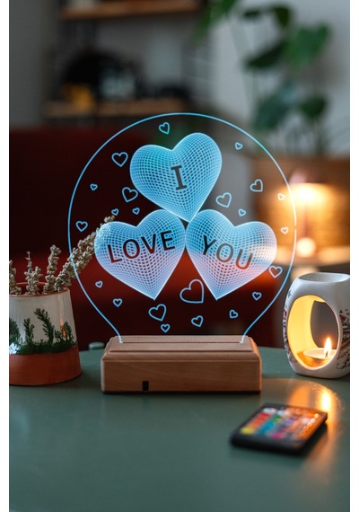 Sevgiliye 3 Kalp I Love You 16 Renk Kumandalı 3d Gece Lambası Çok Renkli