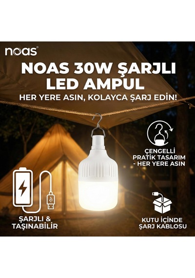 Noas 30w Şarjlı Smd Led Ampül 2400lm Ip20 3 Mod Beyaz Işık Çengelli