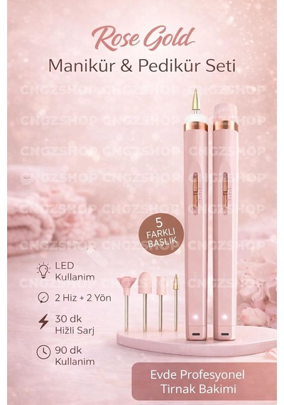 Rose Gold Manikür & Pedikür Seti, Şarjlı Tırnak Bakım Aleti, 5 Farklı Uç Başlıklı, Led Işıklı