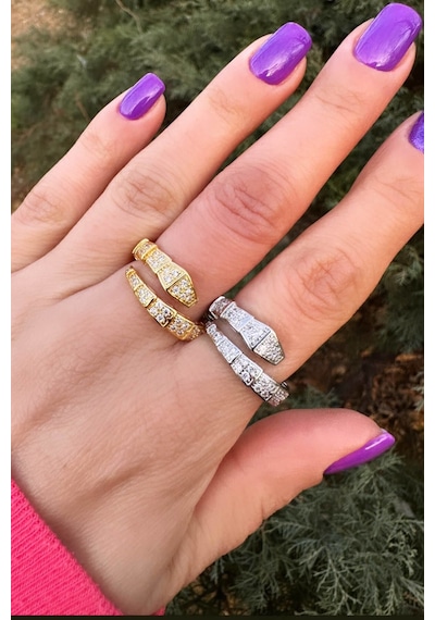 Zirkontaşlı Ayarlanabilir Yılan Yüzük - Silver Renk Silver