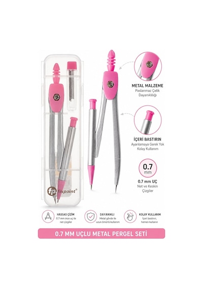 0.7 Uçlu Metal Pergel Pembe 1 Adet Fixpoint Kutulu Metal Pergel Versatil Uçlu Mekanik Kalem Basmalı Uçlu Pergel