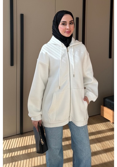Balenbi Kadın 3 İplik İçi Polarlı Kapüşonlu Tesettür Basic Sweat Hırka 395 Ekru