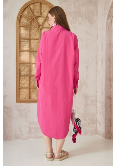 Yıldızistan Kadın Uzun Kol Poplin Cepli Oversize Günlük Spor Tunik Gömlek Elbise Fuşya Pembe 3555352