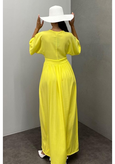 Madmext Sarı V Yaka Düğmeli Elbise Mg2339 Sarı