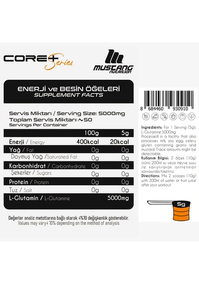 Mustang Nutrition Core+ Pure L-glutamine Powder 250 Gr Glutamin 50 Servis + Shaker + Protein Kahve Hediyeli Aromasız