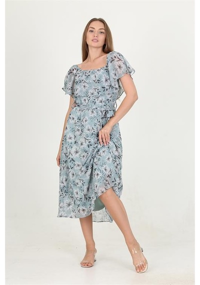 Neşeli Butik Kadın Madonna Yaka Kuşaklı Desenli Şifon Elbise Ry10037 Mint