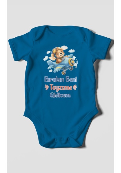 Morivokids Bırakın Beni Teyzeme Gideceğim Kısa Kollu Bebek Body %100 Pamuk Koyu Mavi