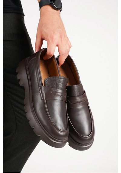 Fame Step Hakiki Deri Erkek Casual Ayakkabı +4.5 Cm Boy Uzatan Kalın Taban Günlük Bağcıksız Comfort Kahverengi Loafer Venedik