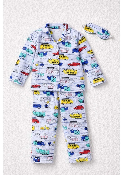 Free Beka Erkek Çocuk Önden Düğmeli Desenli Pijama Takımı %100 Pamuklu Pijama Takımı Gri