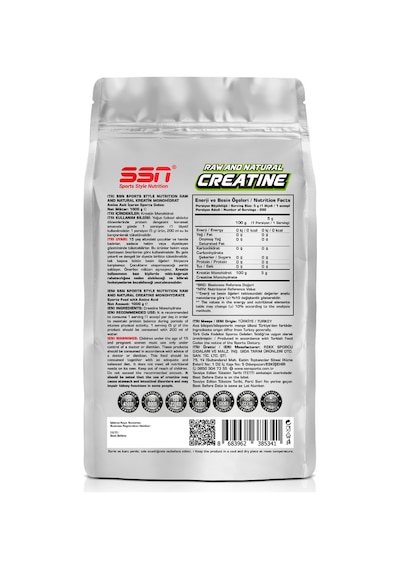 SSN Sports Style Nutrition Raw And Natural Creatine 200 Mesh 1000 G Aromasız