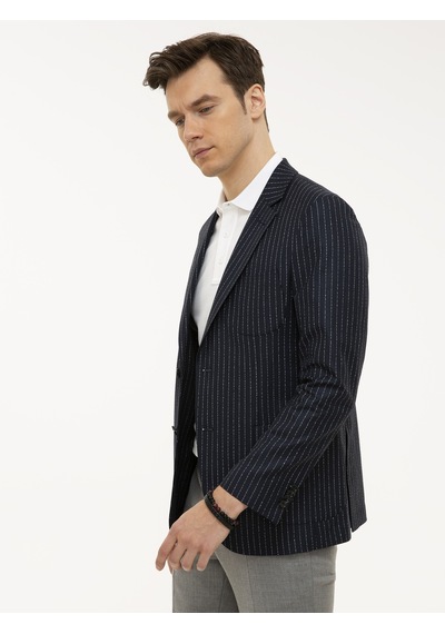 Cacharel Lacivert Slim Fit Keten Karışımlı Çizgili Ceket