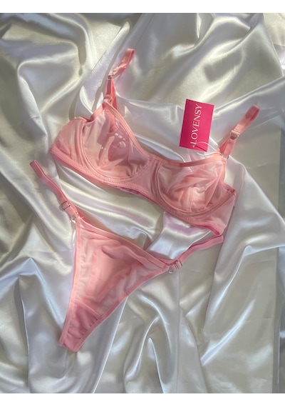 Lovensy Sütyen Tanga Transparan Takım Tül Pembe İç Giyim
