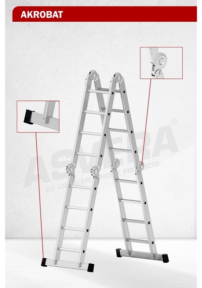Asvera 4.7 Metre Çok Amaçlı Akrobat Merdiven - 16 Basamaklı 4x4 Katlanır Profesyonel Merdiven