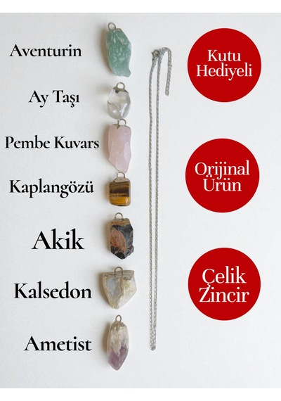 7 Li Doğal Taş Kolye Ucu Seti + Çelik Zincir Kutu Ve Arındırma Tütsüsü Hediyeli, Orijinal Ürün Çok Renkli