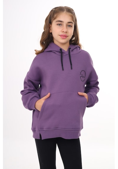 Kız Çocuk Oversize Kapüşonlu Cepli Düşük Omuz Baskılı Yırtmaçlı Sweatshirt - 3 İplik Şardonlu Mor Kız Çocuk Oversize Kapüşonlu Cepli Düşük Omuz Baskılı Yırtmaçlı Sweatshirt - 3 İplik Şardonlu Mor