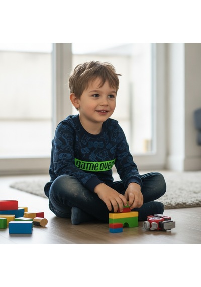 Bonbon Erkek Çocuk Pamuklu Baskılı Lacivert Renk Uzun Kollu Tshirt Cb1042