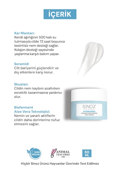 Sinoz Hydrapro Su Bazlı 72 Saat Yoğun Nemlendirici Yüz Bakım Kremi 50 ML