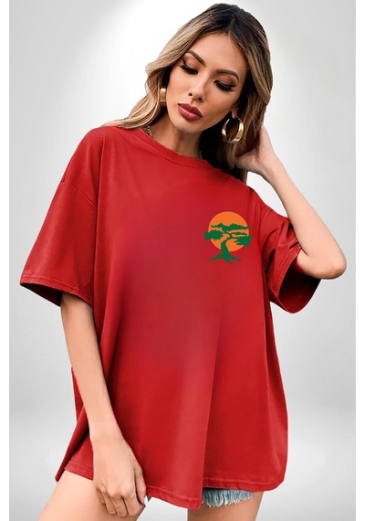 Miyagi-do Karete Çocuk Logo Dizi Bonzai Ağaç Kırmızı Oversize Unisex Ön Ve Sırt Baskılı Tişört Kırmızı