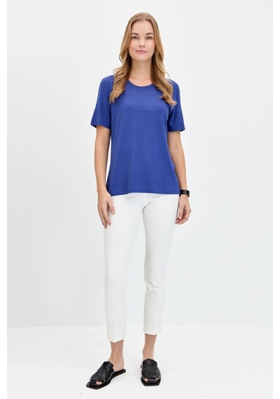 Desen Triko Kadın Sıfır Yaka Flamlı Kumaş Penye T-shirt Kmy24084 Indigo İndigo