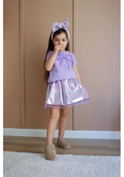 Lolliboomkids Kız Çocuk Lila Renk Partlak Kumaş Tütü Balon Etek Fiyonk Nakışlı T-shirt Pamuklu Altüst Takım Lila Mor Lila - Mor