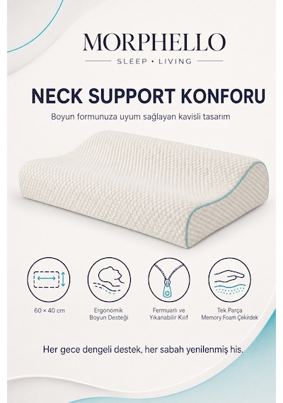 Morphello Neck Support Ortopedik Boyun Destekli Visco Yastık 60x40 Cm Memory Foam, Fermuarlı Yıkanabilir Kılıf Beyaz - Yeşil