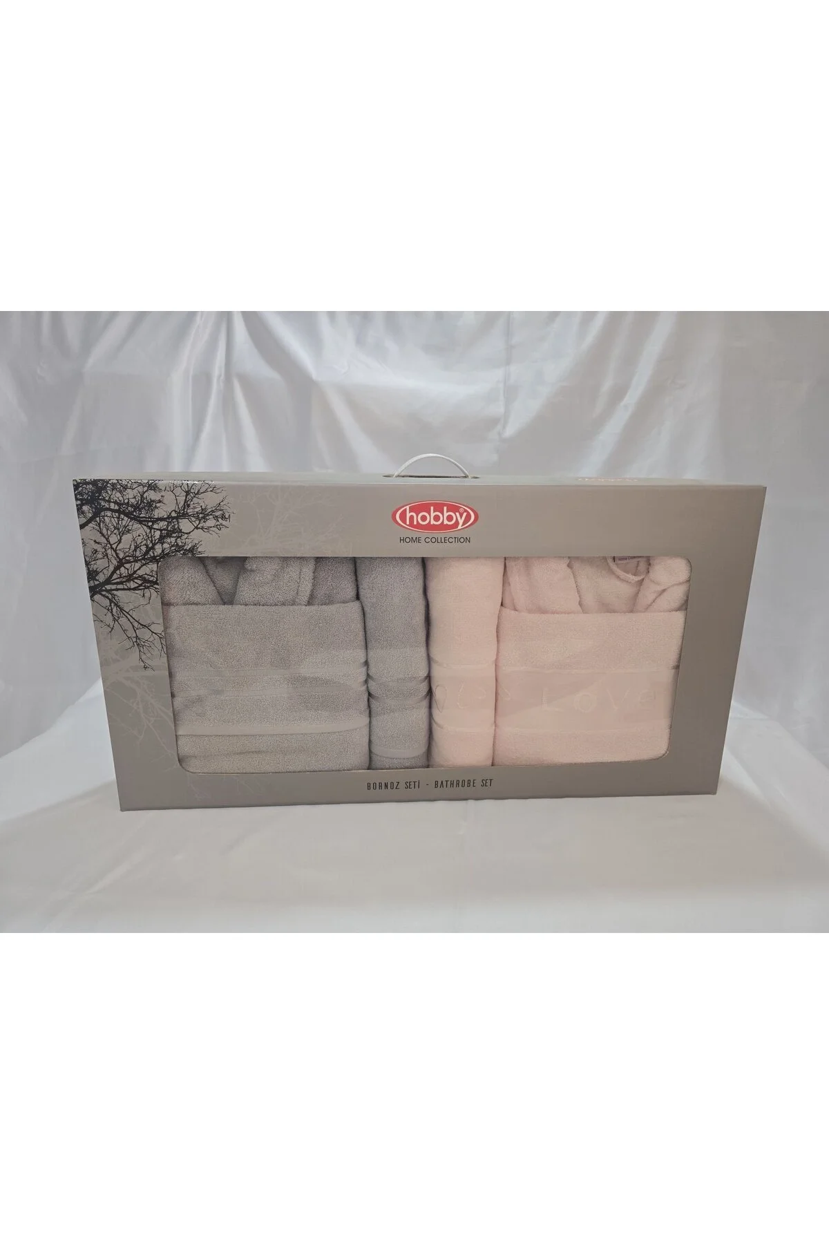 Hobby Bornoz Seti Gri - Açık Pembe