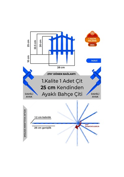 Dekoratif Plastik Bahçe Çiti Ve Peyzaj Çiti 1 Adet Çit Y: 25 Cm / G: 25 Cm Toprak Ayaklı - Mavi