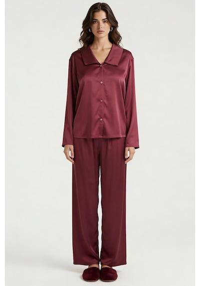 Amoris Bordo Uzun Saten Pijama Takımı