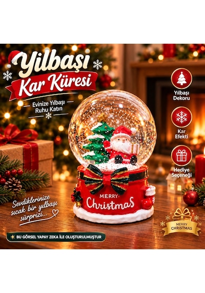 2027 Yılbaşı Yeni Yıl Hediyesi Işıklı Müzikli Merry Christmas Temalı Noel Baba Kar Küresi 13x8 Cm