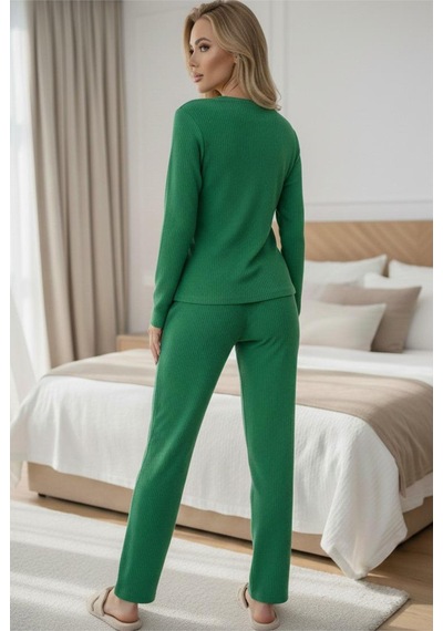 Siyah İnci Fırçalı Yumuşak Dokulu Fitilli Kaşkorse Örme Düğmeli Hırka Pijama Takım Yeşil