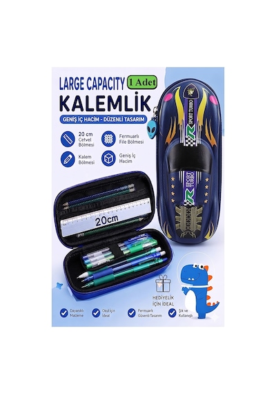 Araba Kabartmalı Bölmeli Kalemlik 1 Adet P-5953 Erkek Çocuk Okul Kalem Kutusu 3 Boyutlu Sevimli Karikatür Hediyelik Yeşil