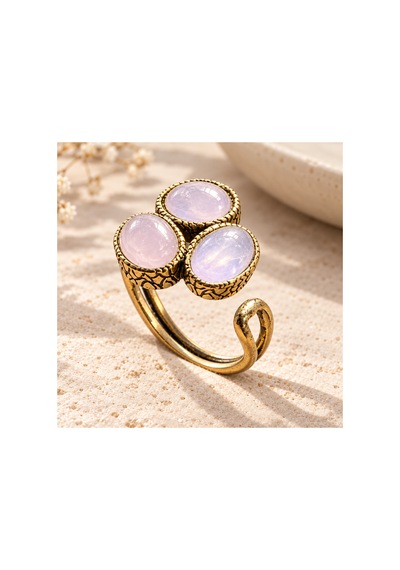 Esoo Jewelry Doğal Taş Detaylı 3 Taşlı Vintage Gold Ayarlanabilir Kadın Yüzük - Pudra Pembe