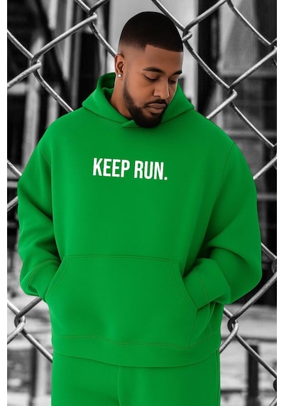 Benroma 3 İplik Penye Keep Run Baskılı Büyük Beden Sweatshırt Yeşil