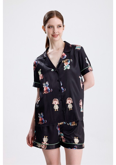 Kadın Kısa Kollu Şortlu Pijama Takımı Kız Bebek Desenli Yazlık Rahat Takım Çok Renkli