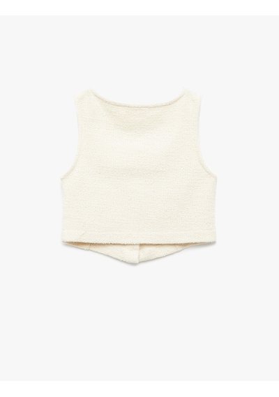 Koton Pamuklu Kare Yaka Slim Fit Düğmeli Kolsuz Tüvit Crop Bluz Ekru 6wkg60016ak Ekru
