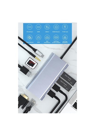 Type C Hub 11 İn 1 Usb C Docking Station 4k Hdmı,vga,type C Pd,usb3.0,rj45 Ethernet,sd/tf Aux Pc Uyumlu Adaptör Çoklay