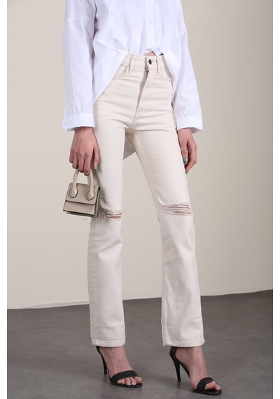 Mad Girls Bej Yırtık Detaylı Dar Kalıp Jean Mg1305
