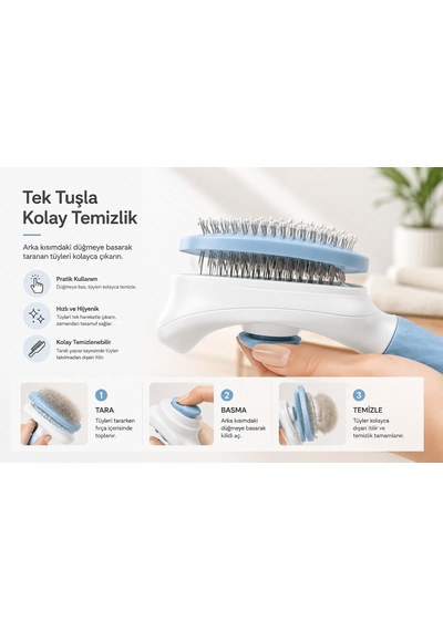 Otomatik Temizlenen Tüy Toplama Tarağı Basmalı Mekanizmalı Kedi Köpek Tarağı Çelik İğneli Cilt Dostu Ergonomik Saplı Uzun Ve Kısa Tüyler İçin Mavi