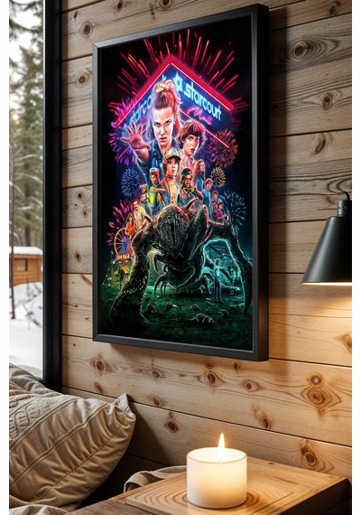 Stranger Things Premium Tasarım Çerçeveli Tablo - Eleven Ve Arkadaşları Sanatsal Duvar Dekoru Siyah
