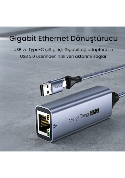 Veggieg Usb-a Ve Type-c 2.5g Gigabit Ethernet Dönüştürücü Adaptör