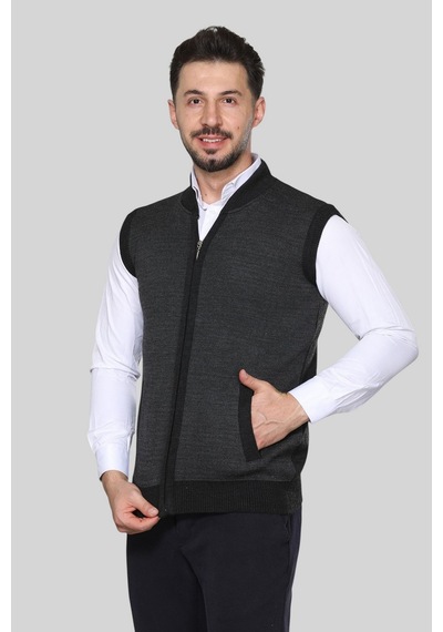 Kzc Tekstil Erkek Orta Yaş Ve Üzeri Triko Örgü Akrilik Kışlık Kalın Dokulu Fermuarlı Baba Yelek Gri