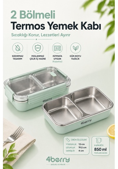 2 Bölmeli Termos Yemek Kabı Sızdırmaz Kapaklı, Paslanmaz Çelik İç Hazneli, 850 Ml - Su Yeşili