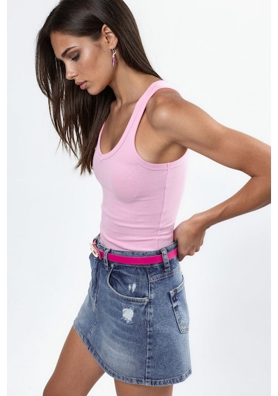 Hiccup Busem V Yaka Ribanalı Tank Top Toz Pembe
