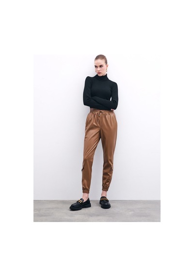 Sateen Bel Lastikli Deri Jogger Pantolon - Bej-135876 Bej